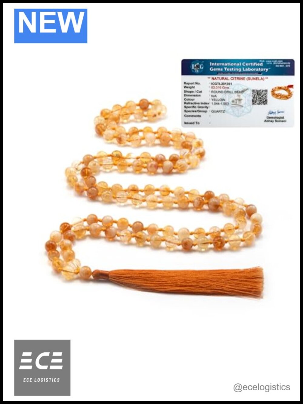 108 Bead Citrine Mala Necklace 8mm Natural Gemstone for Meditation Yoga
